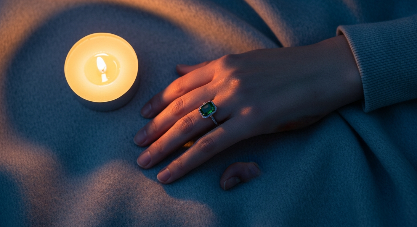 Bague émeraude tendance portée par une femme élégante